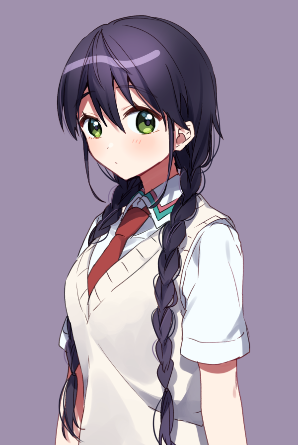 1girl bangs blush braid breasts closed_mouth collared_shirt commentary_request eyebrows_visible_through_hair genderswap genderswap_(mtf) green_eyes hair_between_eyes hair_over_shoulder kenmochi_touya long_hair looking_at_viewer low_twintails necktie nijisanji purple_background purple_hair red_neckwear school_uniform shirt simple_background small_breasts solo sweater_vest twin_braids twintails upper_body very_long_hair virtual_youtuber white_shirt yamabukiiro