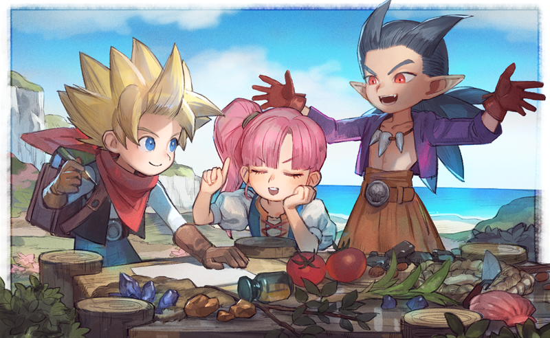 1girl 2boys :d backpack bag black_hair blonde_hair blue_eyes bottle brown_bag brown_gloves closed_eyes closed_mouth clouds crystal dragon_quest dragon_quest_builders_2 gloves leaf long_hair looking_at_another male_builder_(dqb2) multiple_boys open_mouth orange_pants pink_hair pointy_ears puffy_sleeves purple_shirt red_eyes red_gloves red_scarf ruru_(dqb2) sasumata_jirou scarf seashell shell shirt side_ponytail sidoh_(dqb2) sky smile spiky_hair tomato