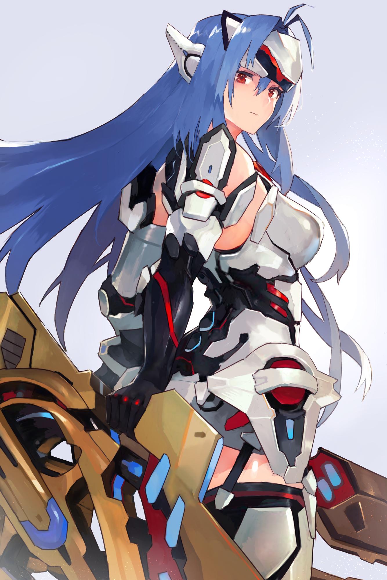1girl android bare_shoulders blue_hair breasts elbow_gloves expressionless forehead_protector gloves highres kos-mos kos-mos_re: leotard long_hair looking_at_viewer mono_(jdaj) red_eyes solo standing thigh-highs very_long_hair white_leotard xenoblade_(series) xenoblade_2 xenosaga