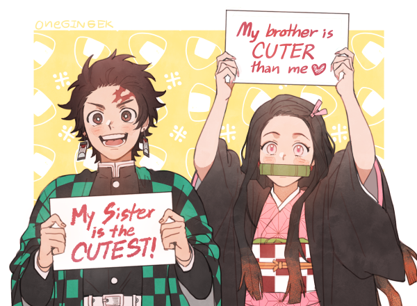 1boy 1girl asa_no_ha_(pattern) bright_pupils brother_and_sister brown_eyes brown_hair checkered earrings english_text gradient_hair hair_ribbon hanten_(clothes) holding holding_sign japanese_clothes jewelry kamado_nezuko kamado_tanjirou kanapy kimetsu_no_yaiba long_hair multicolored_hair obi patterned_background pink_eyes pink_ribbon ribbon sash scar siblings sign twitter_username upper_body yellow_background