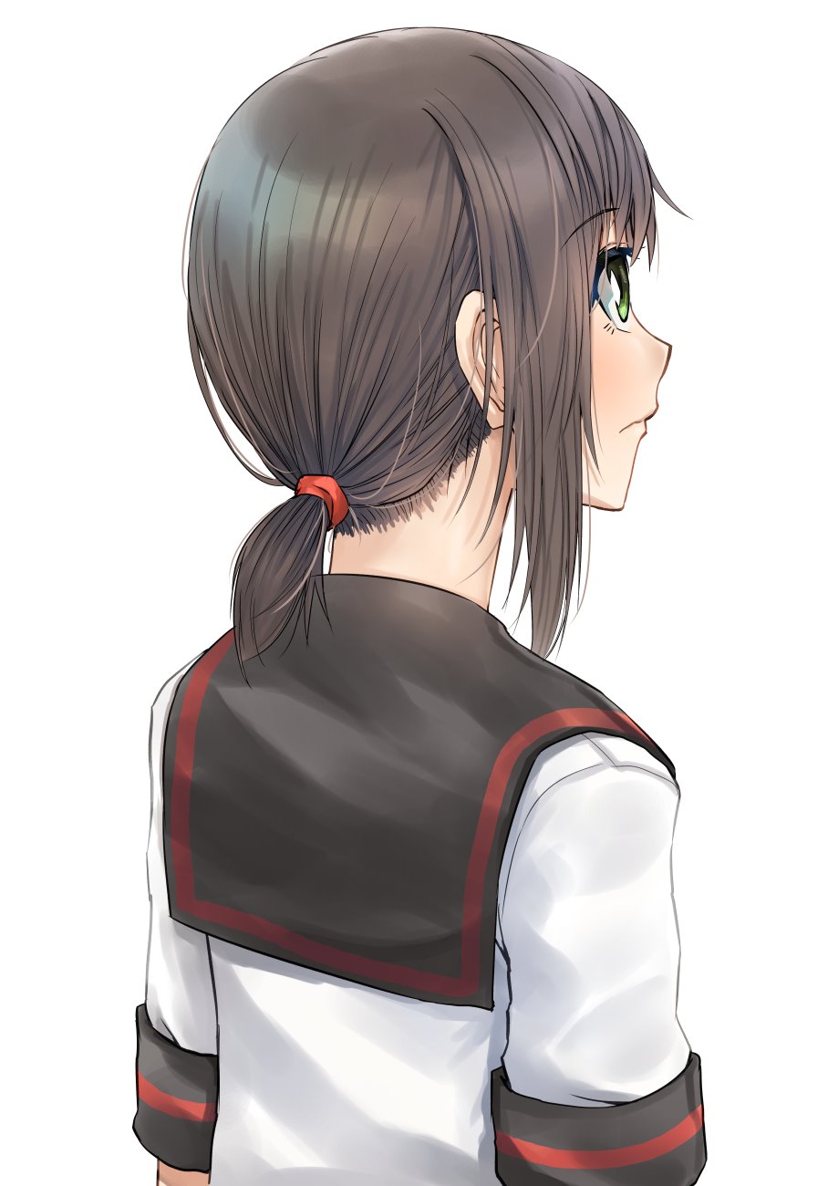 1girl black_hair black_sailor_collar commentary_request from_behind fubuki_(kantai_collection) hair_tie highres kantai_collection long_hair low_ponytail ponytail remodel_(kantai_collection) sailor_collar school_uniform serafuku short_ponytail sidelocks simple_background solo upper_body v_r_dragon01 white_background