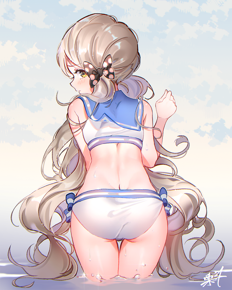1girl ass back bare_back bare_shoulders bikini black_bow blue_sky blush bow brown_hair closed_mouth clouds commentary_request cowboy_shot day from_side hair_bow hand_up handa_roko highres idolmaster idolmaster_million_live! kuri_choko leaning_forward long_hair looking_at_viewer outdoors polka_dot polka_dot_bow sailor_bikini sailor_collar sailor_swimsuit_(idolmaster) signature sky solo sparkle swimsuit thigh_gap twintails very_long_hair wading water white_bikini yellow_eyes