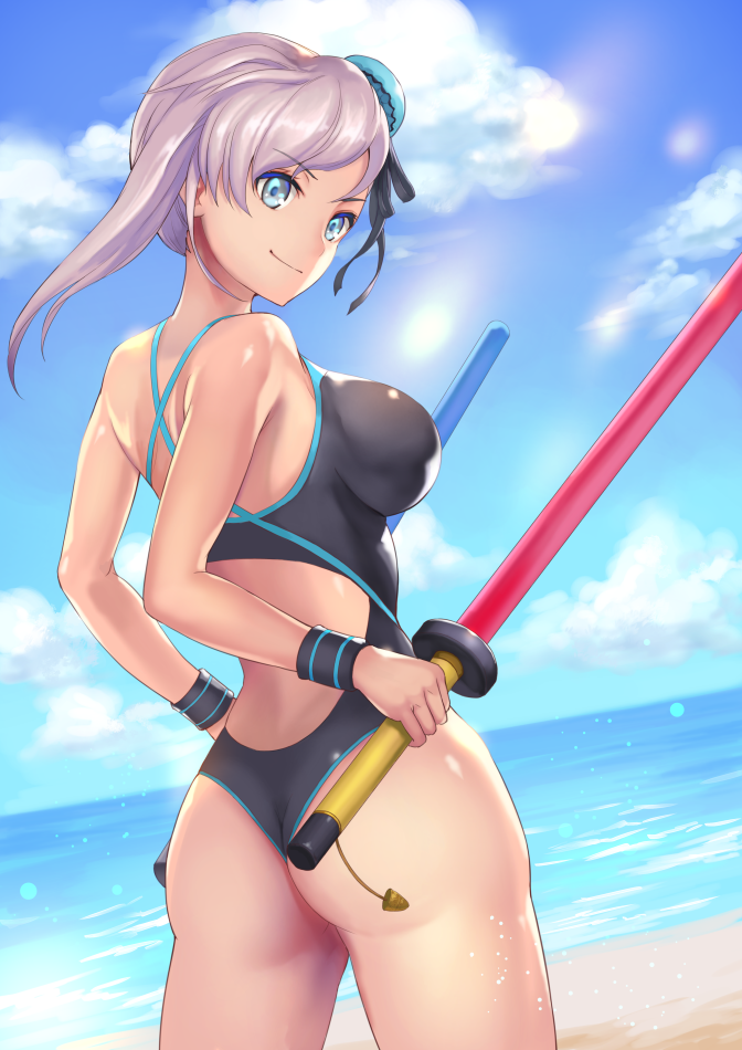 1girl ass asymmetrical_hair bangs bare_shoulders beach black_swimsuit blue_eyes breasts bun_cover clouds commentary_request day eyebrows_visible_through_hair fate/grand_order fate_(series) from_behind holding holding_weapon large_breasts long_hair looking_at_viewer maekawa_yuichi miyamoto_musashi_(swimsuit_berserker)_(fate) outdoors solo swimsuit water weapon