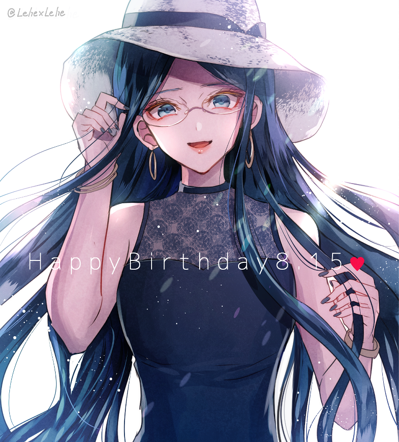 alternate_costume artist_name bangs blue_hair commentary_request dangan_ronpa dated dress glasses happy_birthday hat heart long_hair looking_at_viewer new_dangan_ronpa_v3 open_mouth parted_bangs purple_dress shirogane_tsumugi simple_background sleeveless sleeveless_dress smile solo white_background white_headwear z-epto_(chat-noir86)