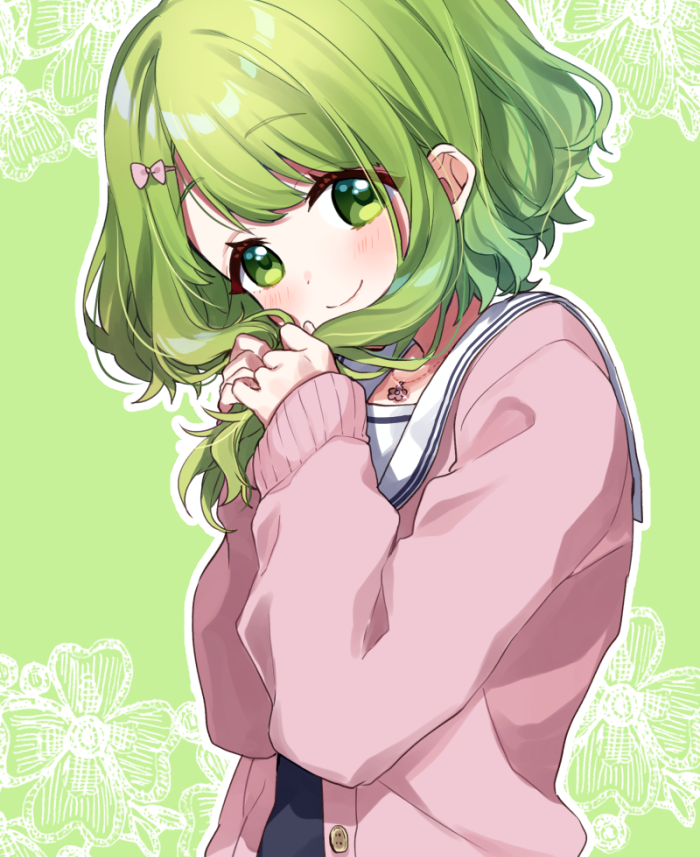 1girl bangs black_shirt blush bow cardigan closed_mouth commentary eyebrows_visible_through_hair green_background green_eyes green_hair hair_bow hair_ornament hairclip hands_up head_tilt holding holding_hair jewelry long_hair long_sleeves looking_at_viewer morinaka_kazaki nijisanji open_cardigan open_clothes pendant pink_bow pink_cardigan sailor_collar school_uniform serafuku shirt short_hair_with_long_locks sleeves_past_wrists smile solo upper_body virtual_youtuber white_sailor_collar yamabukiiro