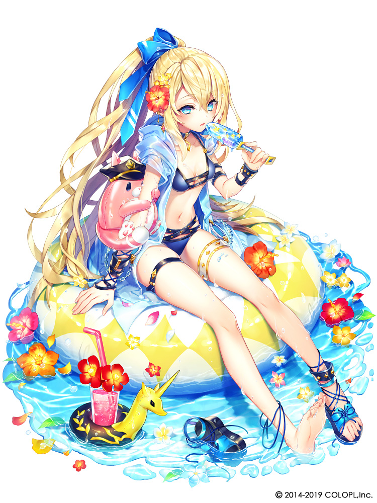 1girl afloat bikini blonde_hair blue_bikini blue_bow blue_eyes blue_footwear bow breasts cup drinking_straw flower food full_body hair_bow hair_flower hair_ornament inflatable_toy inflatable_unicorn innertube long_hair official_art popsicle renta_(deja-vu) sandals_removed shironeko_project simple_background sitting small_breasts solo swimsuit thigh_strap very_long_hair water white_background