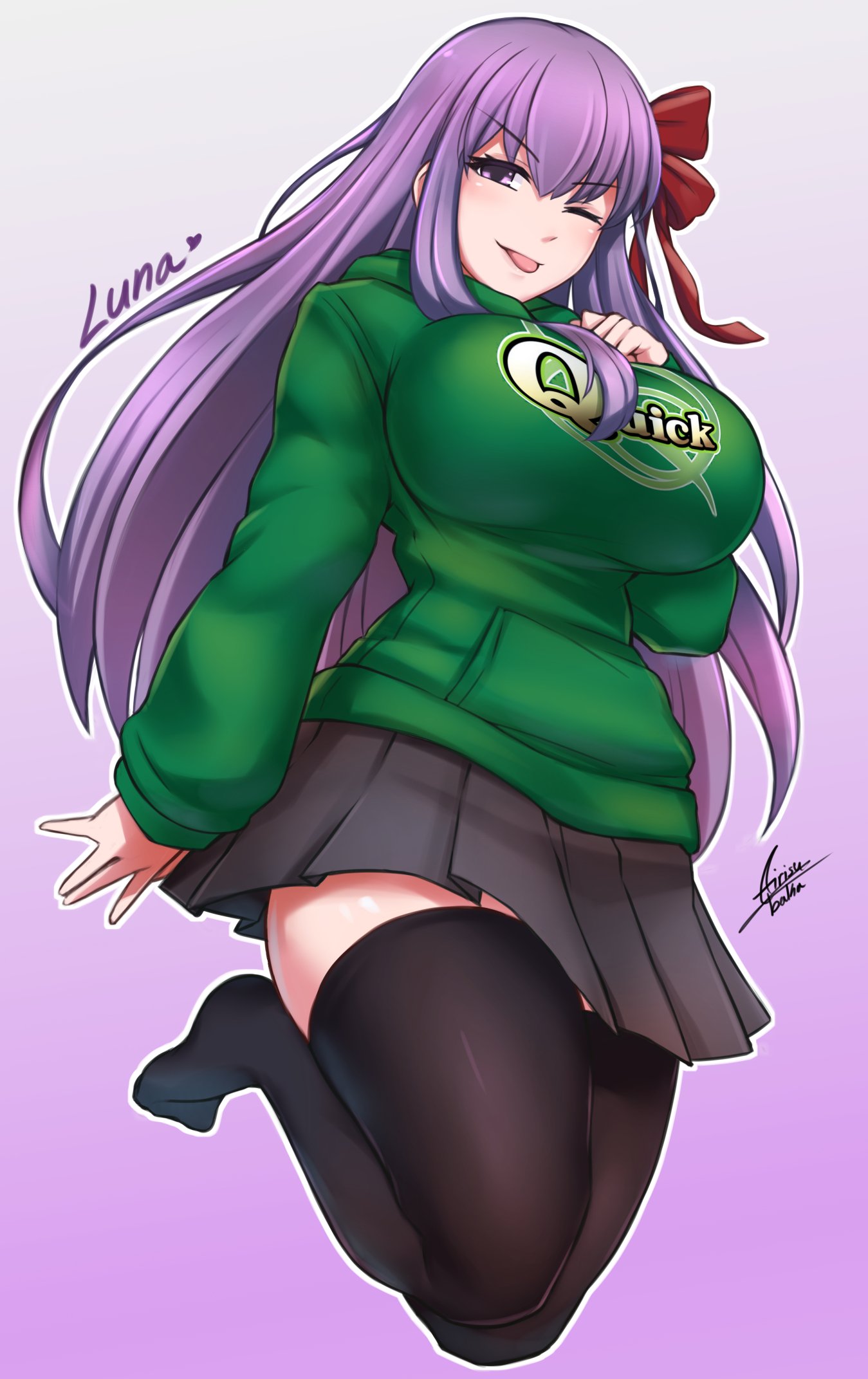 &gt;:p 1girl airisubaka alternate_costume bb_(fate)_(all) bb_(fate/extra_ccc) black_legwear breasts casual commentary commission english_commentary eyebrows_visible_through_hair fate/extra fate/extra_ccc fate/grand_order fate_(series) full_body gradient gradient_background green_sweatshirt hair_ribbon highres large_breasts long_hair looking_at_viewer miniskirt no_shoes one_eye_closed purple_background purple_hair red_ribbon ribbon signature simple_background skirt smile solo sweatshirt thigh-highs tongue tongue_out very_long_hair violet_eyes watermark