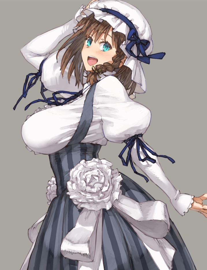 1girl blue_eyes blue_ribbon blush bonnet bow braid breasts brown_hair charlotte_corday_(fate/grand_order) dress eyebrows_visible_through_hair fate/grand_order fate_(series) flower grey_background hair_between_eyes hat juliet_sleeves large_breasts long_sleeves looking_at_viewer neck_ribbon open_mouth puffy_sleeves ribbon rose shoe-ji short_hair side_braid simple_background single_braid smile solo white_dress white_flower white_rose