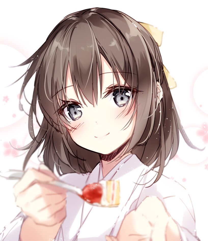 1girl bangs blurry blurry_foreground blush bow brown_hair cake closed_mouth commentary_request depth_of_field eyebrows_visible_through_hair feeding floral_background food fork fruit grey_eyes hair_between_eyes hair_bow head_tilt holding holding_fork japanese_clothes kimono long_hair mochizuki_shiina original pov_feeding slice_of_cake smile solo strawberry upper_body white_kimono yellow_bow