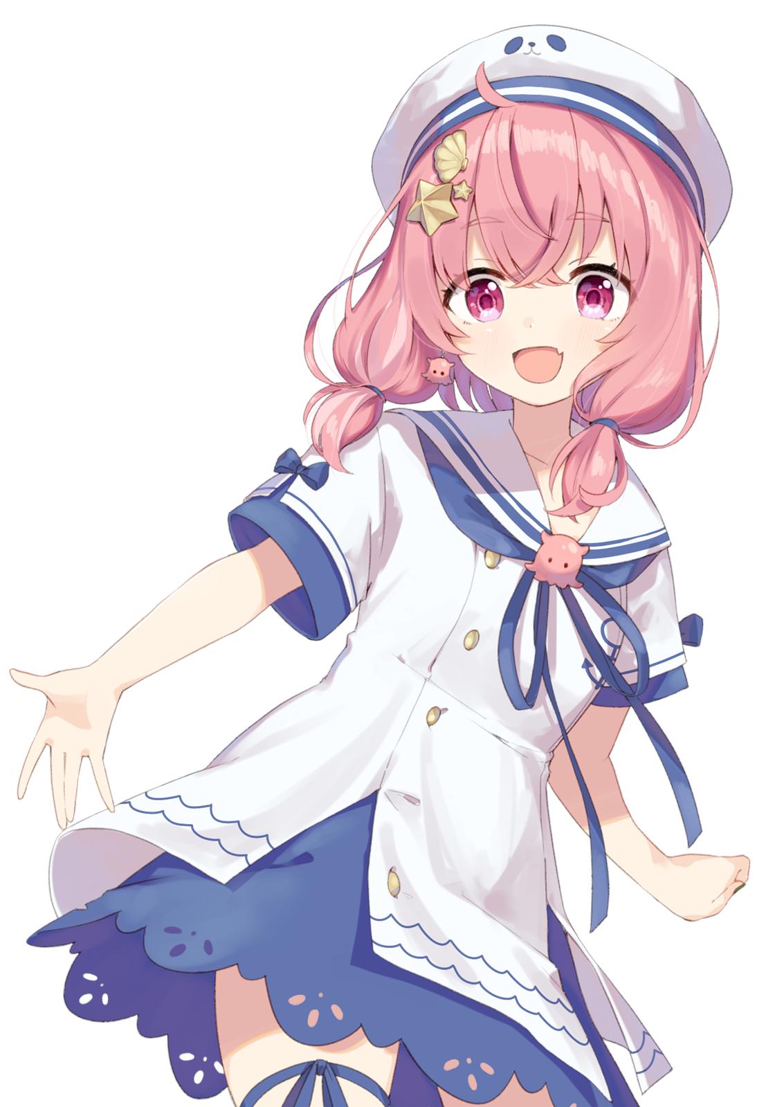 1girl ahoge bangs blush buttons dress eyebrows_visible_through_hair fang hair_ornament hat highres ksk_(semicha_keisuke) looking_at_viewer medium_hair nijisanji octopus open_mouth pink_eyes pink_hair ribbon sailor_collar sailor_dress sailor_hat sasaki_saku shell_hair_ornament short_sleeves skin_fang smile solo star star_hair_ornament thigh_ribbon thighs virtual_youtuber white_background white_dress white_headwear