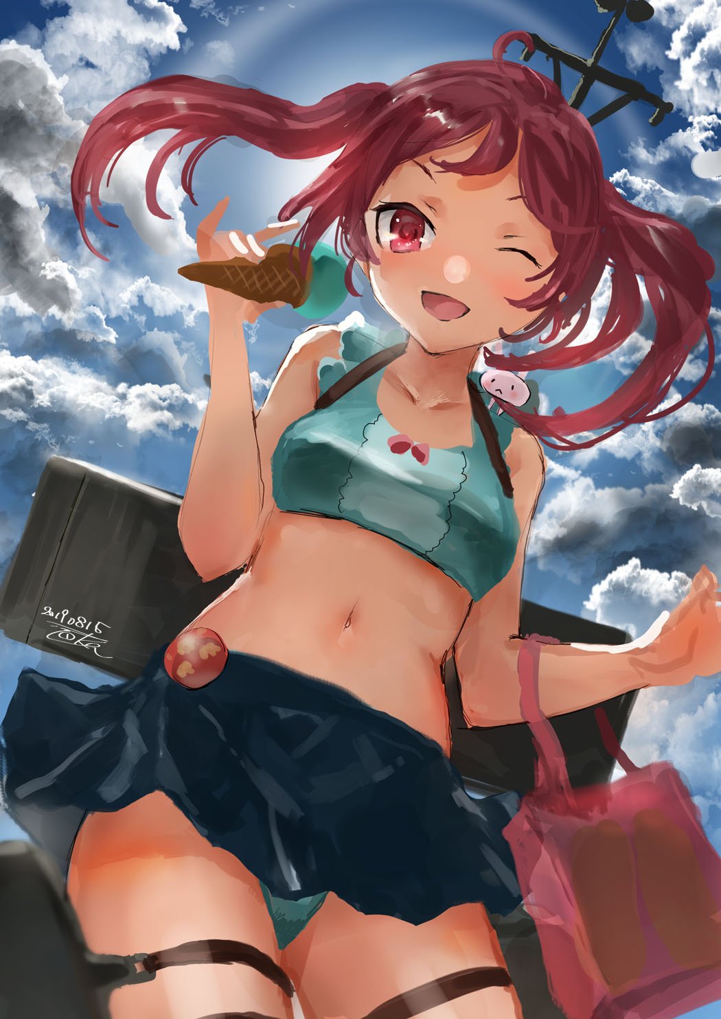 1girl 1other badge bag bikini blue_bikini blue_skirt blue_sky bunny_on_shoulder clouds collarbone cowboy_shot day frilled_bikini frills hair_bobbles hair_ornament highres kantai_collection looking_at_viewer machinery navel one_eye_closed outdoors pink_eyes pink_hair pleated_skirt sazanami_(kantai_collection) short_hair skirt sky sun swimsuit toka_(marchlizard) twintails