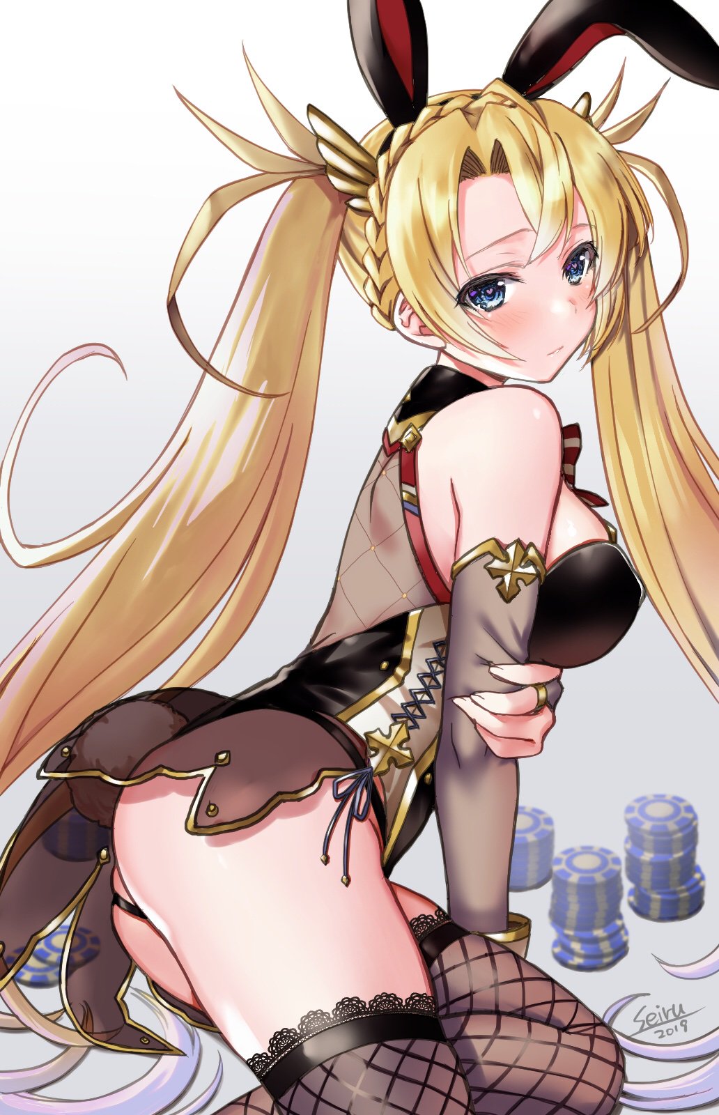 1girl animal_ears arm_support artist_name ass bangle bangs bare_shoulders black_gloves black_legwear blonde_hair blue_eyes blush bracelet bradamante_(fate/grand_order) braid breasts bridal_gauntlets bunnysuit coattails fake_animal_ears fate/grand_order fate_(series) french_braid gloves gold hair_between_eyes heart heart-shaped_pupils highres hijiri_ruka holding_arm jewelry lace lace-trimmed_legwear large_breasts leotard long_hair looking_at_viewer parted_lips rabbit_ears skindentation solo symbol-shaped_pupils thigh-highs thigh_strap thighs twintails very_long_hair wrist_cuffs