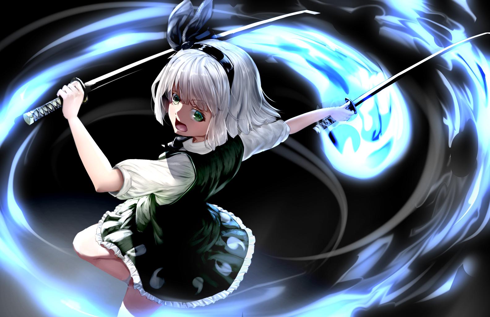 1girl bangs black_background black_hairband black_ribbon blunt_bangs bob_cut cowboy_shot green_eyes green_skirt green_vest hairband hitodama katana konpaku_youmu konpaku_youmu_(ghost) open_mouth ribbon ryosios short_hair short_sleeves silver_hair skirt skirt_set solo spinning sword touhou vest weapon white_hair