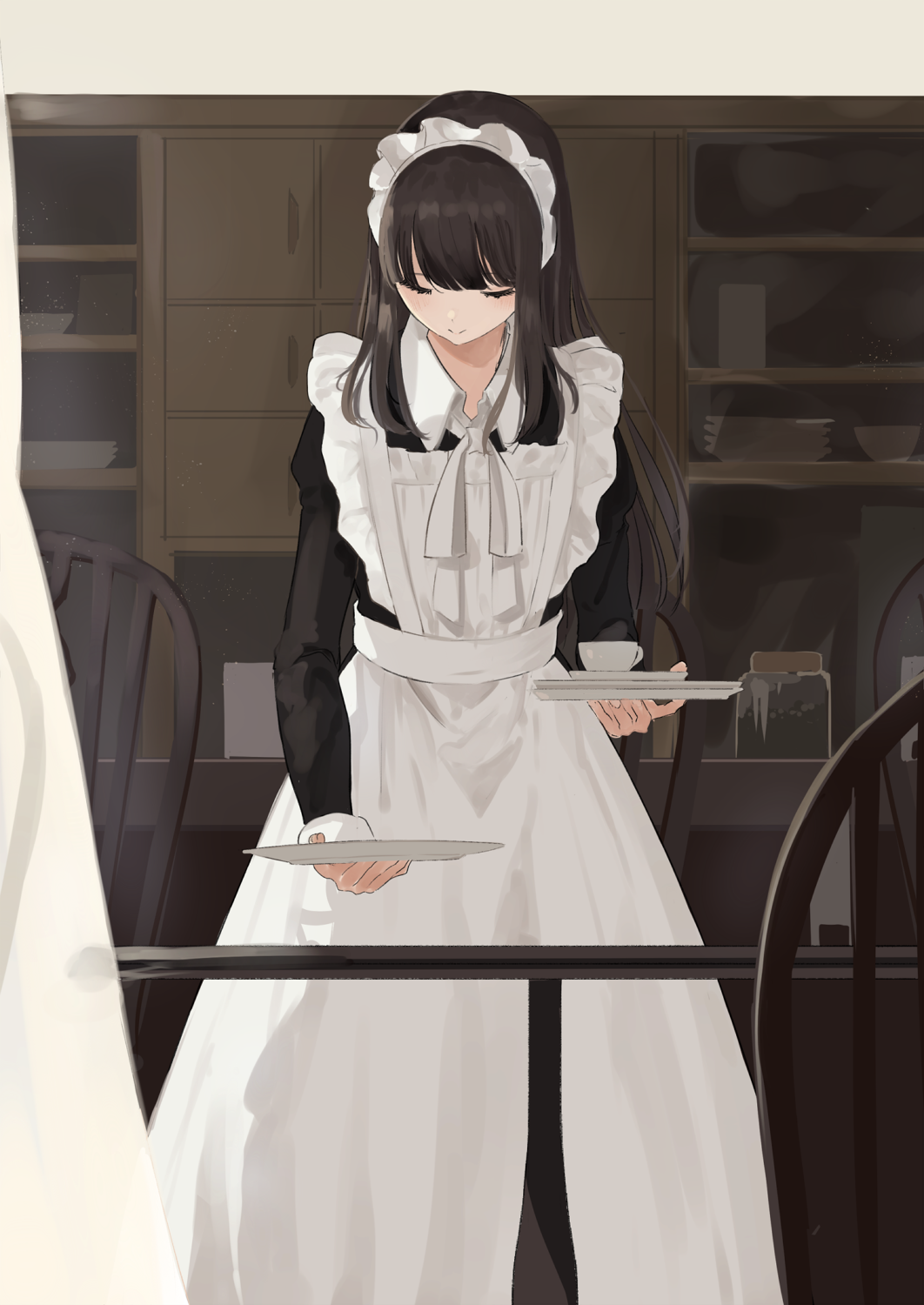1girl apron bangs black_dress blush brown_hair chair closed_eyes closed_mouth collared_dress commentary_request cup curtains dress facing_viewer highres holding holding_plate indoors juliet_sleeves long_hair long_sleeves maid maid_apron maid_headdress original plate puffy_sleeves shii_(kairi-t-k0317) smile solo standing table white_apron