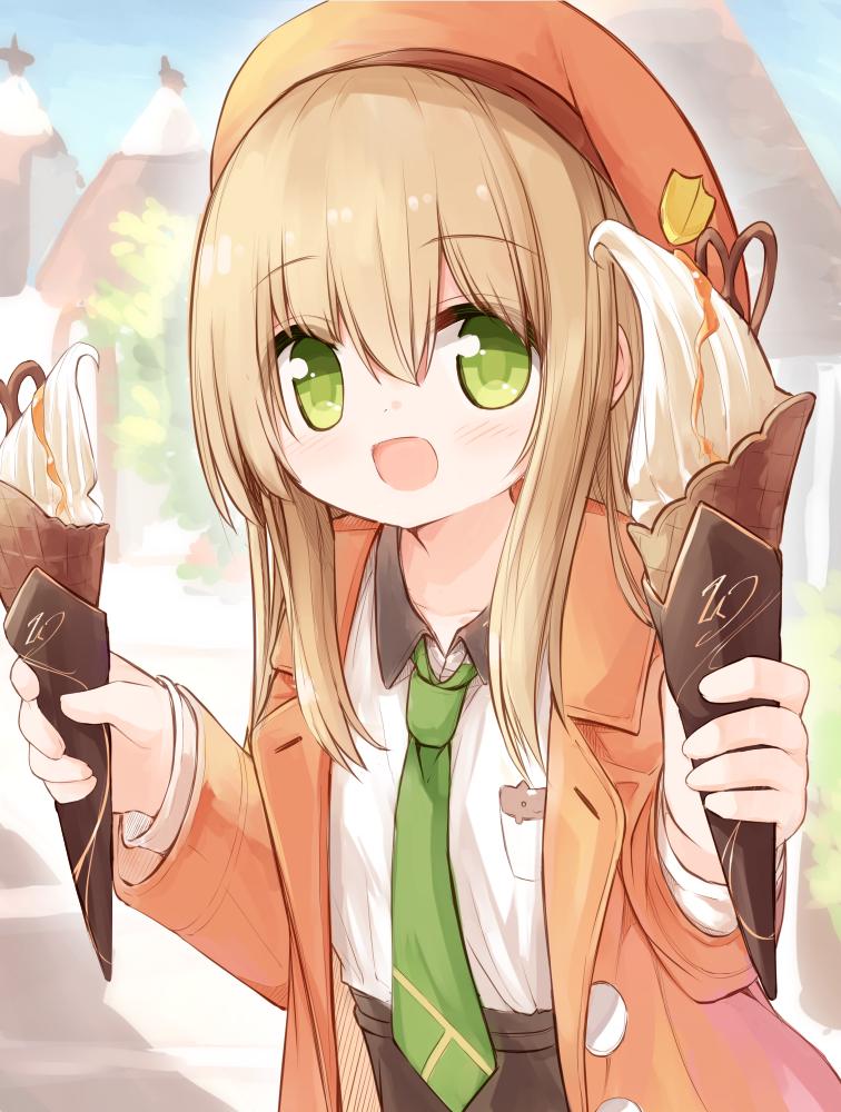 1girl :d bangs beret black_skirt blue_sky coat collarbone collared_shirt commentary_request day eyebrows_visible_through_hair food green_eyes green_neckwear hair_between_eyes hat holding holding_food ice_cream light_brown_hair long_hair long_sleeves necktie open_clothes open_coat open_mouth orange_coat orange_headwear original outdoors shirt skirt sky smile soft_serve solo white_shirt yuuhagi_(amaretto-no-natsu)