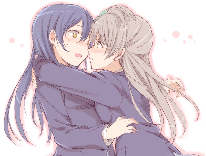 2girls bangs blazer blue_hair blush commentary_request eye_contact eyebrows_visible_through_hair face-to-face hair_between_eyes hug imminent_kiss jacket kamekoya_sato long_hair long_sleeves looking_at_another love_live! love_live!_school_idol_project minami_kotori multiple_girls open_mouth otonokizaka_school_uniform school_uniform simple_background sonoda_umi yellow_eyes yuri