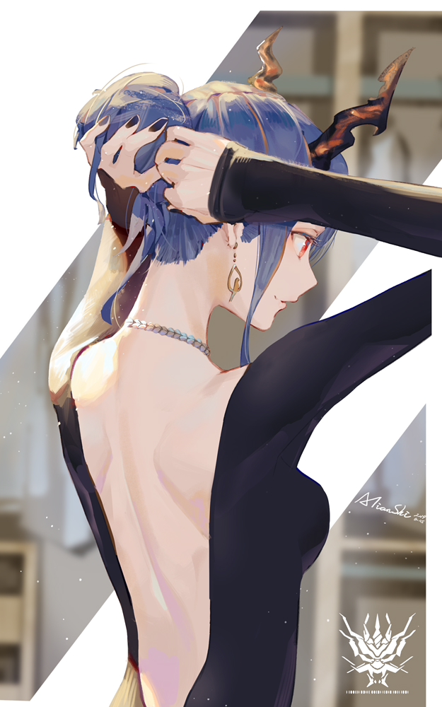 1girl arknights arms_up atianshi backless_dress backless_outfit blue_hair breasts ch'en_(arknights) commentary_request dress earrings from_behind hair_bun horns jewelry necklace profile red_eyes small_breasts solo tying_hair