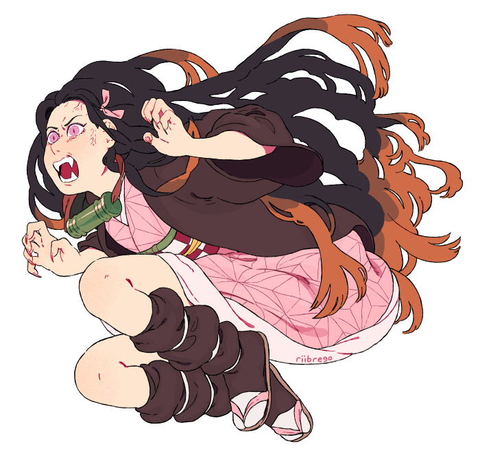 1girl angry artist_name bamboo bit_gag black_hair brown_hair claw_pose claws commentary commission english_commentary fangs full_body gag hair_ribbon haori japanese_clothes kamado_nezuko kimetsu_no_yaiba kimono long_hair mouth_hold multicolored_hair obi open_mouth pink_eyes pink_kimono pink_nails pink_ribbon ribbon rii_abrego sandals sash simple_background solo two-tone_hair veins very_long_hair white_background