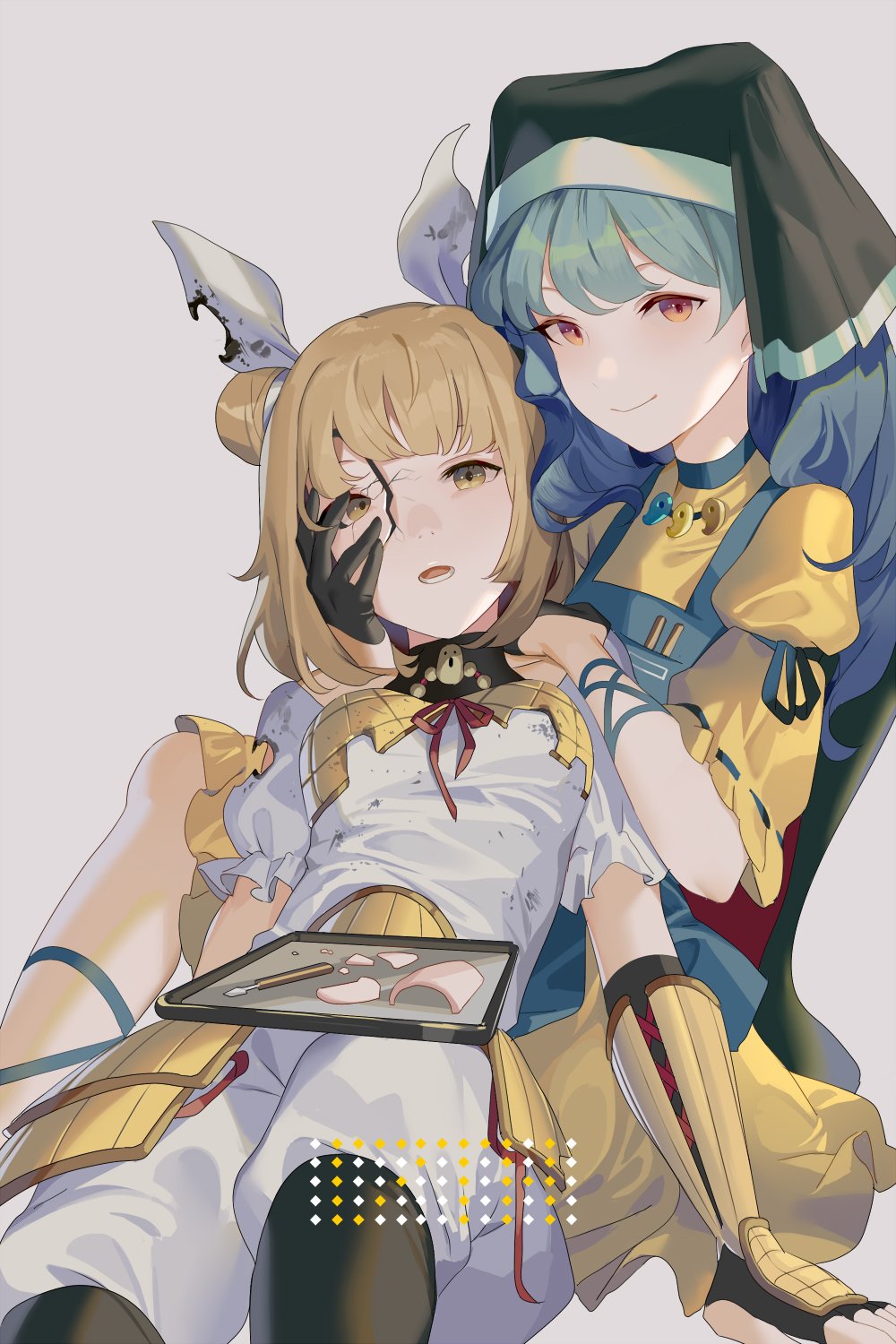 2girls apron arm_ribbon armor bangs black_footwear black_gloves blonde_hair blue_apron blue_hair blue_ribbon boots breasts brown_eyes chisel commentary crack dress feet_out_of_frame fingerless_gloves gloves grey_background hair_bun hair_ribbon haniyasushin_keiki head_scarf highres hillly_(maiwetea) jewelry joutouguu_mayumi juliet_sleeves long_hair long_sleeves looking_at_viewer magatama magatama_necklace medium_breasts multiple_girls necklace open_mouth pants puffy_short_sleeves puffy_sleeves reclining ribbon ribbon-trimmed_sleeves ribbon_trim shirt short_hair short_sleeves simple_background sitting smile touhou tray vambraces white_pants white_ribbon white_shirt yellow_dress yellow_eyes