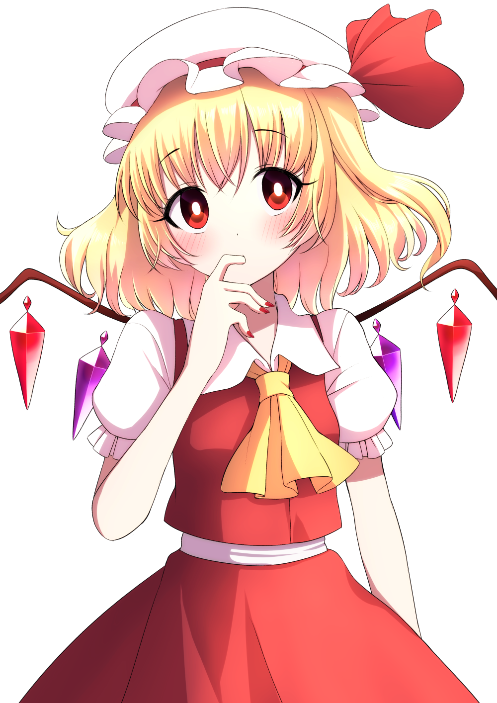 1girl arm_at_side arm_up blonde_hair blush bright_pupils commentary_request cowboy_shot cravat eyebrows_visible_through_hair finger_in_mouth flandre_scarlet hat hat_ribbon head_tilt highres looking_at_viewer mob_cap puffy_short_sleeves puffy_sleeves red_eyes red_nails red_skirt red_vest ribbon shirt short_hair short_sleeves side_ponytail simple_background skirt solo standing touhou tsukimirin vest white_background white_headwear white_pupils white_shirt wings yellow_neckwear