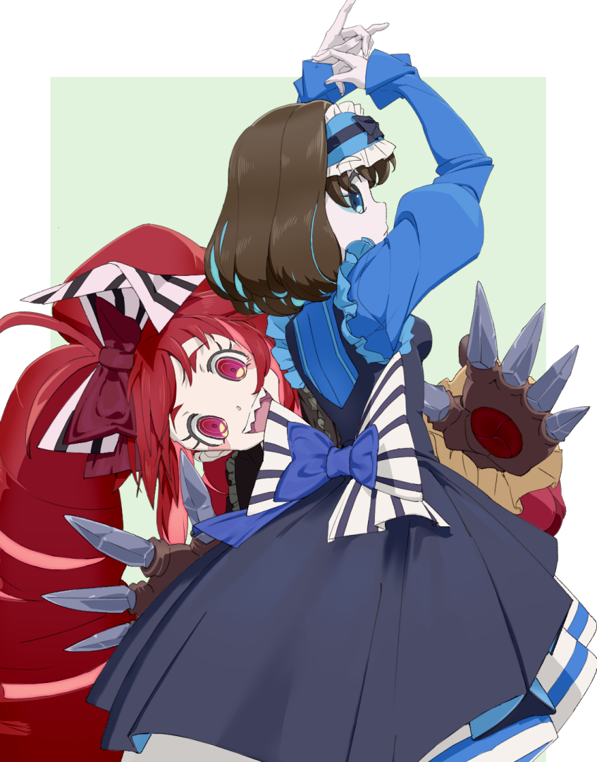 2girls akiot blue_dress blue_eyes bow claws dress drill_hair frilled_dress frilled_hairband frills garie_tuman hair_bow hairband long_sleeves looking_at_viewer micha_jawkan multiple_girls red_eyes redhead senki_zesshou_symphogear