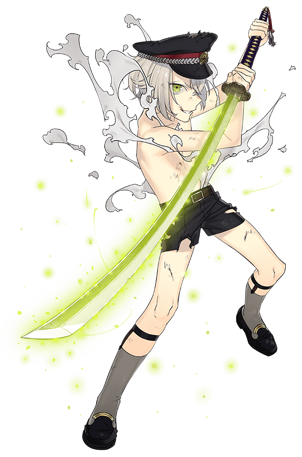 1boy fireflies garters glowing glowing_sword glowing_weapon green_eyes grey_legwear hat hotarumaru kiwame_(touken_ranbu) male_focus official_art ootachi rururara shirtless shorts silver_hair sock_garters sword torn_clothes torn_shorts touken_ranbu transparent_background weapon