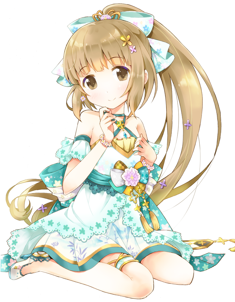 1girl bare_shoulders blush bow brown_eyes brown_hair closed_mouth criss-cross_halter dress earrings eyebrows_visible_through_hair floral_print full_body green_bow hair_bow halterneck head_tilt high_heels high_ponytail idolmaster idolmaster_cinderella_girls jewelry long_hair looking_at_viewer ratryu shoes simple_background sitting sleeveless sleeveless_dress smile solo very_long_hair wariza white_background yorita_yoshino