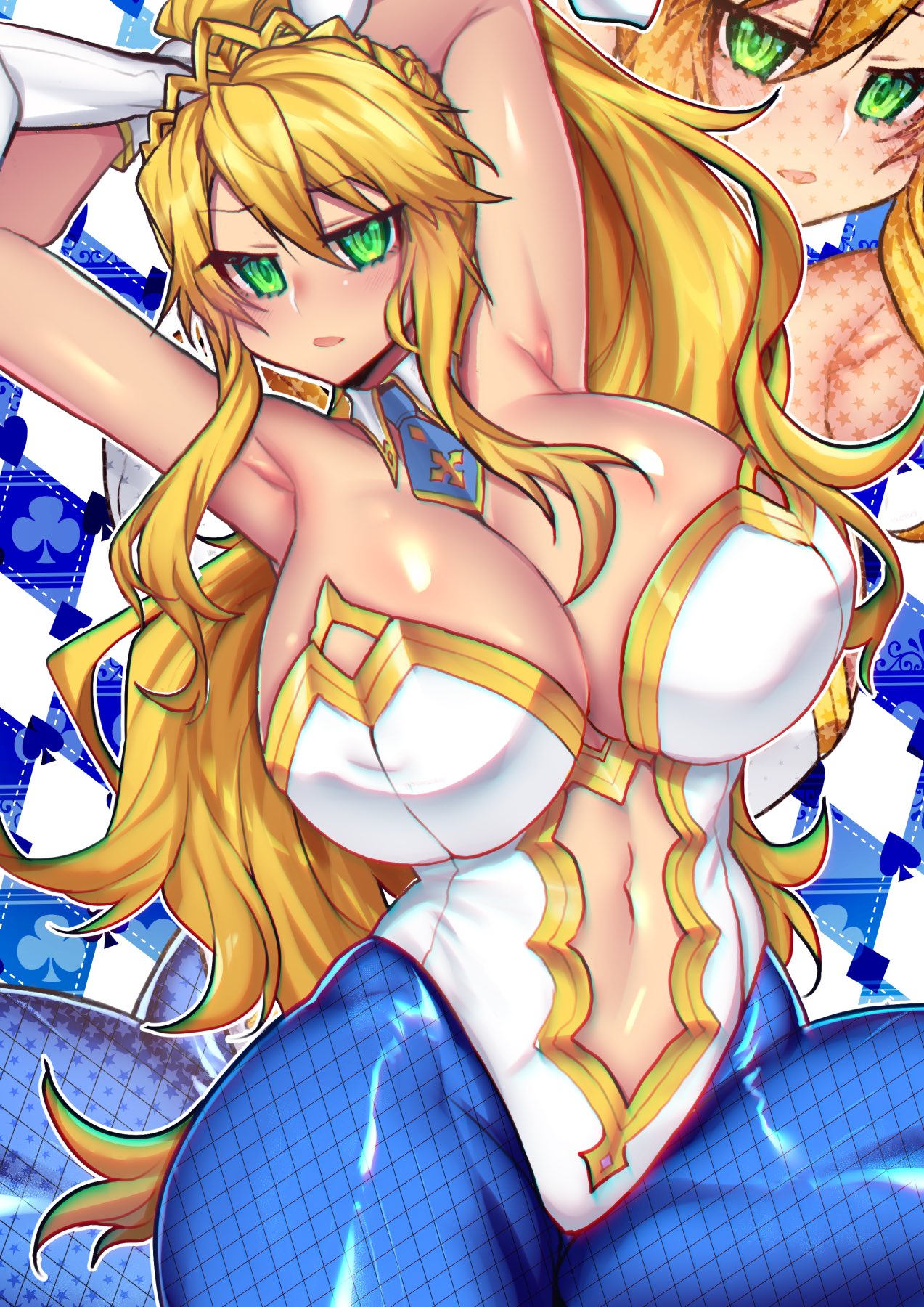 animal_ears artoria_pendragon_(all) artoria_pendragon_(lancer) blonde_hair blue_legwear breasts bunny_girl fate/grand_order fate_(series) green_eyes highres huge_breasts leotard osiimi rabbit_ears solo thick_thighs thighs white_leotard