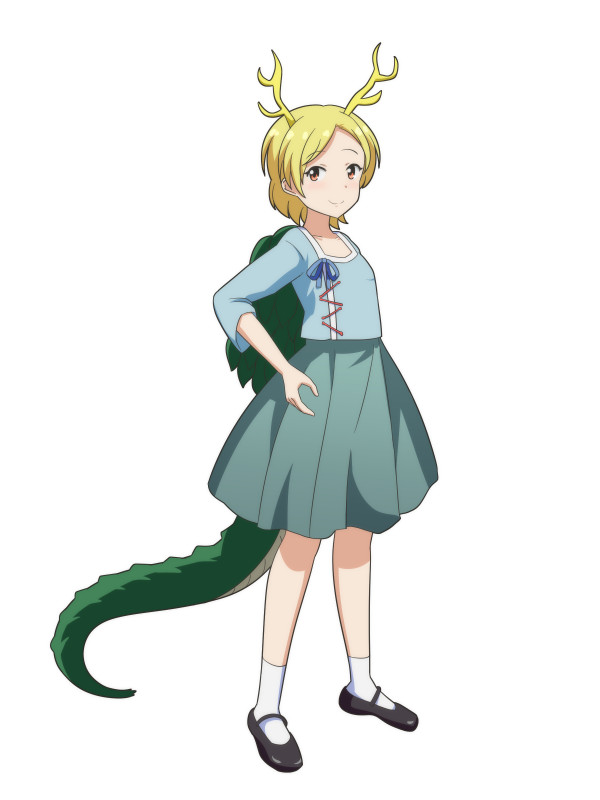 1girl blonde_hair blush cato_(monocatienus) dragon_girl dragon_horns dragon_tail dragon_wings flat_chest hands_on_hips happy horns kitcho_yachie looking_at_viewer mary_janes red_eyes shoes short_hair simple_background skirt smile solo tail touhou white_background wings
