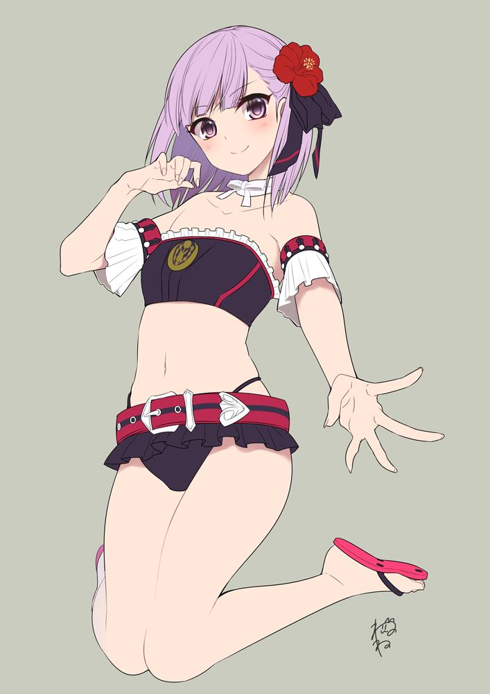 1girl bangs bare_shoulders belt bikini black_bikini blush breasts choker closed_mouth collarbone fate/grand_order fate_(series) flower grey_background hair_flower hair_ornament helena_blavatsky_(fate/grand_order) legs looking_at_viewer navel purple_hair sandals short_hair simple_background small_breasts smile suzuki_nene swimsuit thighs violet_eyes