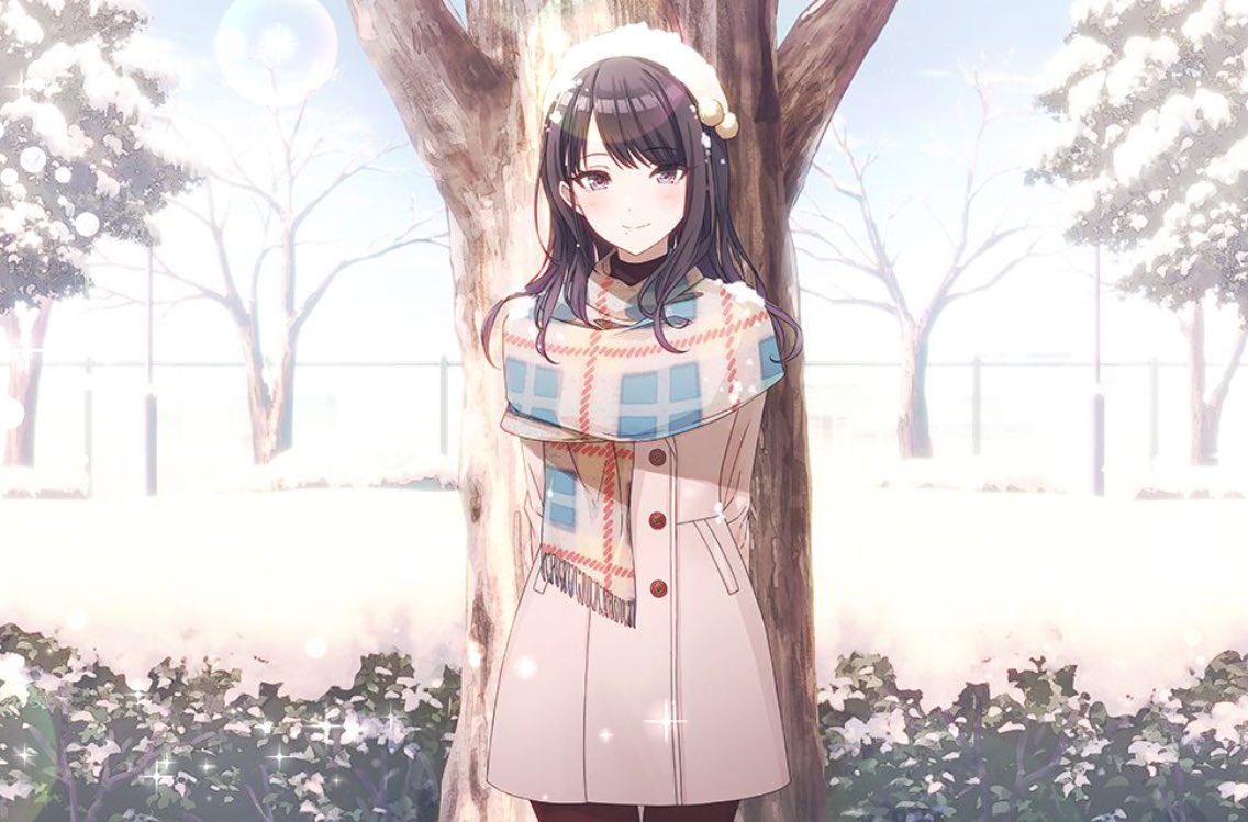 1girl against_tree arms_behind_back bangs bare_tree beret black_hair blue_eyes blush brown_coat bush buttons closed_mouth coat commentary_request cowboy_shot day eyebrows_visible_through_hair fringe_trim hat long_hair long_sleeves looking_at_viewer original outdoors scarf smile snow solo sparkle teshima_nari thigh_gap tree violet_eyes white_headwear winter winter_clothes winter_coat