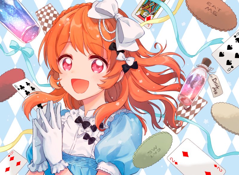 1girl :d aikatsu! aikatsu!_(series) alice_(wonderland) alice_(wonderland)_(cosplay) alice_in_wonderland blush bottle bow brown_hair card commentary cosplay drink_me fingers_together gloves hair_bow konayama_kata long_hair looking_at_viewer oozora_akari open_mouth playing_card puffy_short_sleeves puffy_sleeves red_eyes short_sleeves smile solo violet_eyes white_bow white_gloves