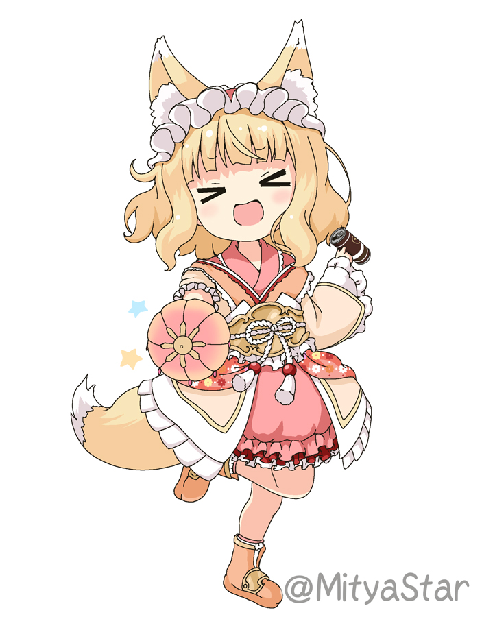 &gt;_&lt; 1girl :d animal_ear_fluff animal_ears bangs blonde_hair blush boots brown_footwear can closed_eyes commentary_request eyebrows_visible_through_hair facing_viewer fox_ears fox_girl fox_tail full_body gochuumon_wa_usagi_desu_ka? holding holding_can japanese_clothes kimono kirima_sharo long_sleeves miicha obi open_mouth pink_kimono sash simple_background sleeves_past_wrists smile solo standing standing_on_one_leg star tail twitter_username white_background wide_sleeves xd