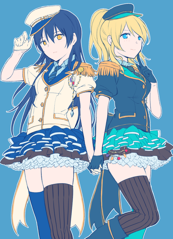 2girls arm_up ayase_eli bangs black_gloves blonde_hair blue_background blue_eyes blue_hair commentary_request epaulettes eyebrows_visible_through_hair finger_to_cheek gloves hair_between_eyes hand_on_headwear hat holding_hands kamekoya_sato long_hair looking_at_viewer love_live! love_live!_school_idol_project mismatched_legwear multiple_girls necktie ponytail short_sleeves simple_background skirt smile sonoda_umi standing striped striped_legwear thigh-highs vertical-striped_legwear vertical_stripes white_gloves yellow_eyes
