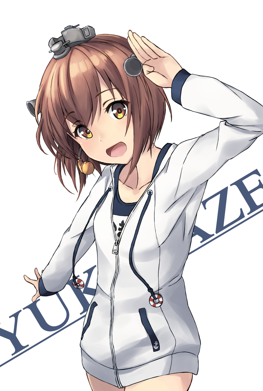 1girl black_swimsuit brown_eyes brown_hair character_name commentary_request cowboy_shot drawstring headgear headset highres hood hooded_jacket hoodie jacket kantai_collection looking_at_viewer minosu name_tag open_mouth round_teeth salute school_swimsuit short_hair simple_background smile solo speaking_tube_headset standing swimsuit teeth upper_teeth white_background white_jacket yukikaze_(kantai_collection)