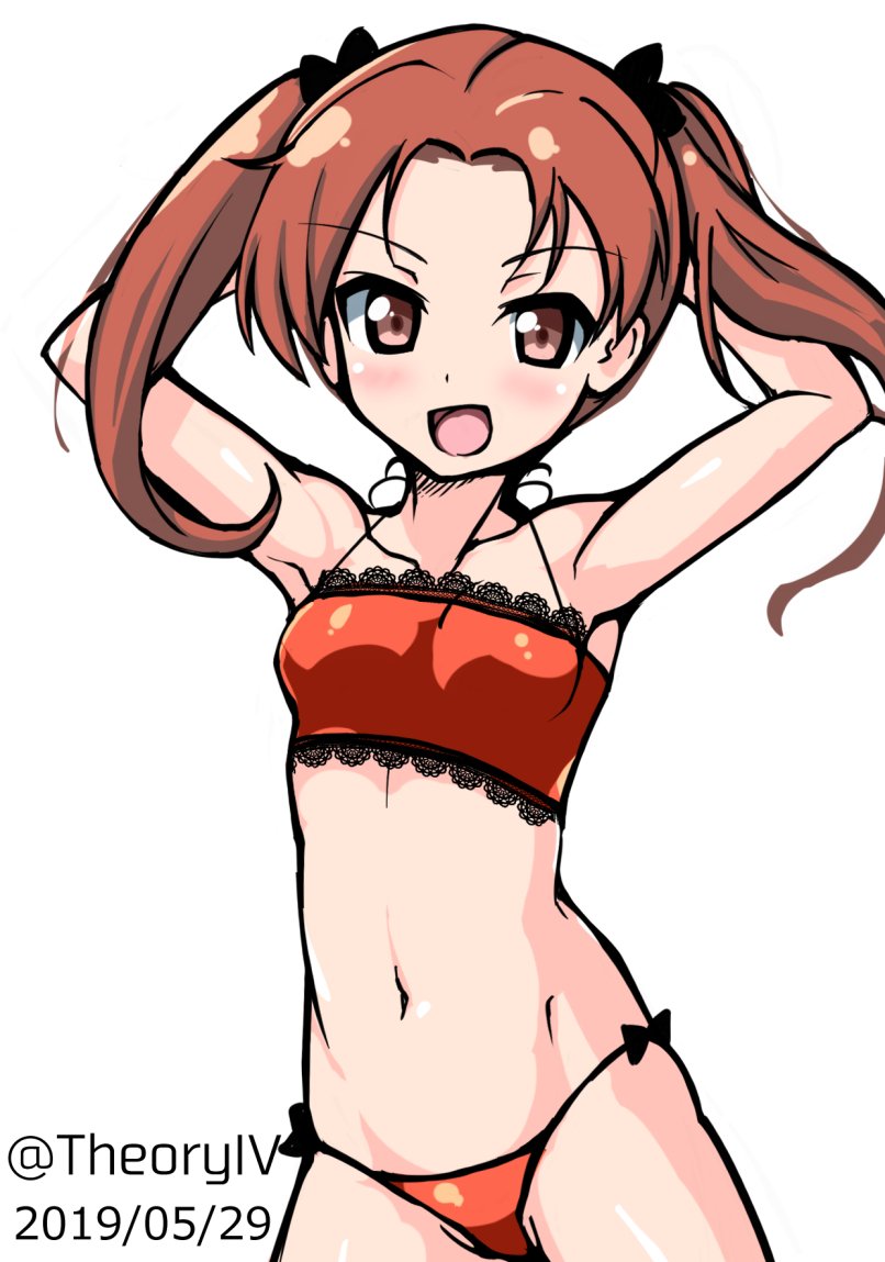 1girl :d aegis_(nerocc) arms_behind_head arms_up bangs black_bow bow bow_panties bra breasts brown_eyes brown_hair commentary cowboy_shot dated eyebrows_visible_through_hair girls_und_panzer hair_bow kadotani_anzu lace lace-trimmed_bra long_hair looking_at_viewer navel open_mouth panties parted_bangs red_bra red_panties simple_background small_breasts smile solo standing string_panties twintails twitter_username underwear underwear_only white_background