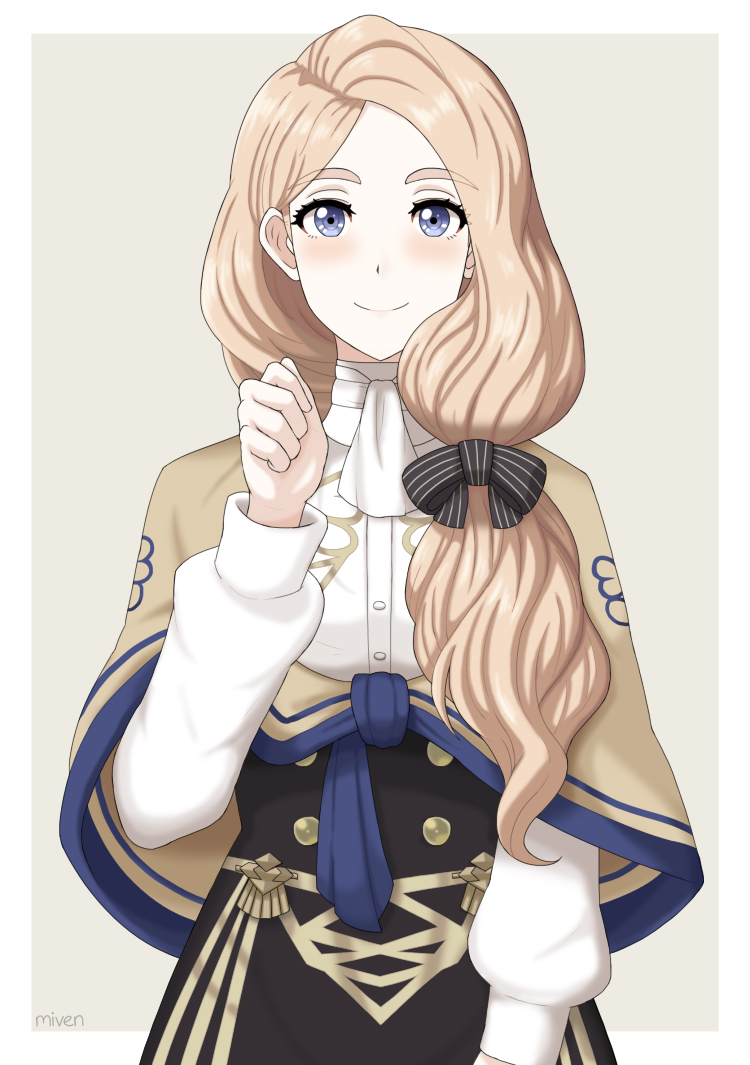 1girl artist_name black_bow black_dress blonde_hair blue_eyes blush bow capelet closed_mouth dress fire_emblem fire_emblem:_three_houses hair_bow hair_over_shoulder long_hair long_sleeves looking_at_viewer low_ponytail mercedes_von_marltritz miven simple_background smile solo upper_body