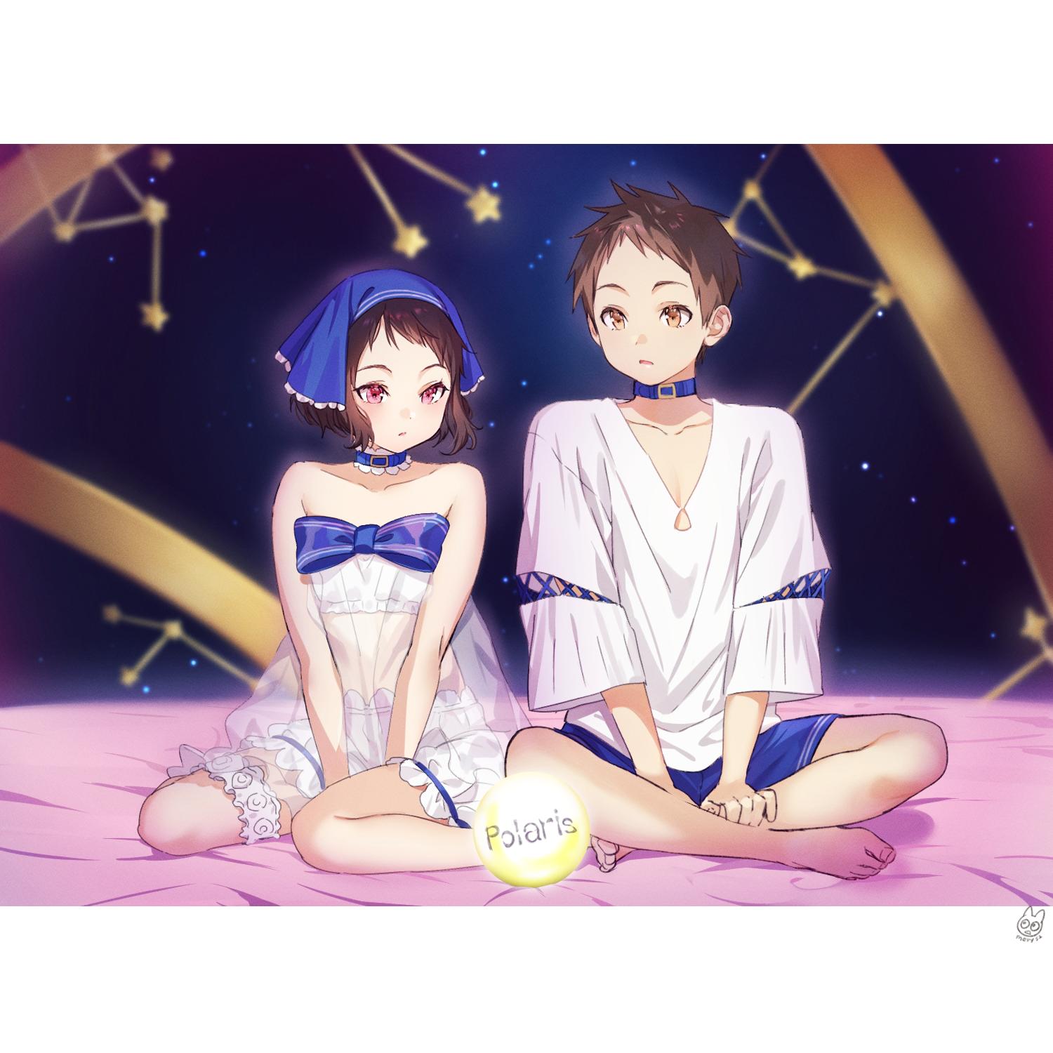 1boy 1girl bare_arms bare_legs bare_shoulders barefoot between_legs bloomers blue_bow blue_shorts blurry blurry_background bow brown_eyes brown_hair collar collarbone crop_top depth_of_field fukube_satoshi highres hyouka ibara_mayaka indian_style leg_garter letterboxed long_sleeves looking_at_viewer mery_(apfl0515) midriff multiple_girls pink_eyes see-through shadow shirt short_hair short_shorts shorts sitting star underwear watermark white_shirt