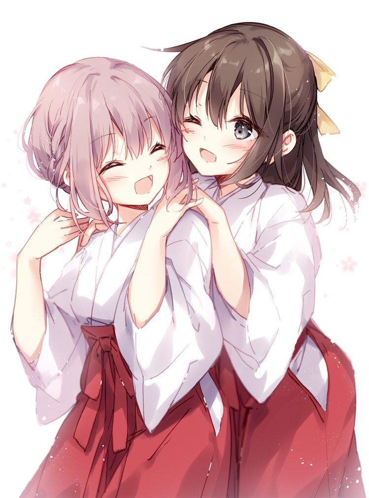 2girls :d ;d ^_^ bangs blush bow braid brown_bow brown_hair closed_eyes commentary_request eyebrows_visible_through_hair floral_background grey_eyes hair_between_eyes hair_bow hakama hands_on_another's_shoulders hands_up japanese_clothes kimono long_hair miko mochizuki_shiina multiple_girls one_eye_closed open_mouth original pink_hair red_hakama short_sleeves sidelocks simple_background smile white_background white_kimono wide_sleeves