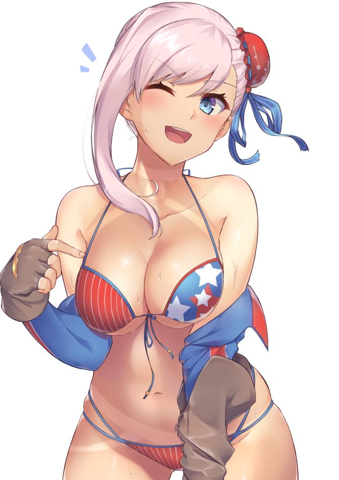 1girl asymmetrical_hair bare_shoulders bikini blue_eyes blush breasts bun_cover cute detached_sleeves fate/grand_order fate_(series) fingerless_gloves gloves hair_bun large_breasts looking_at_viewer miyamoto_musashi_(fate/grand_order) miyamoto_musashi_(swimsuit_berserker)_(fate) navel one_eye_closed open_mouth p!nta pink_hair pointing simple_background skindentation solo sweat swimsuit tan tanline type-moon white_background