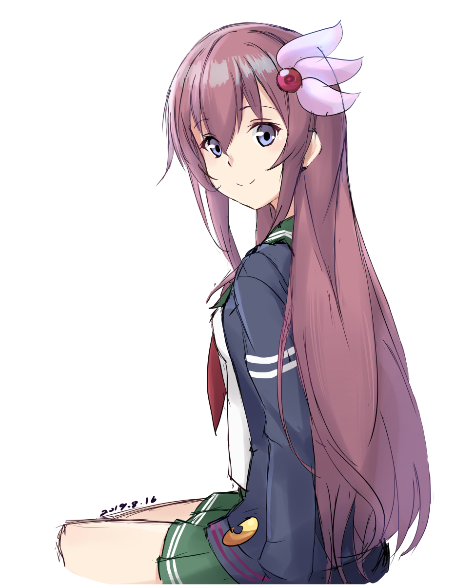 1girl black_jacket brown_hair crescent crescent_moon_pin dated green_skirt highres jacket kantai_collection kisaragi_(kantai_collection) long_hair looking_at_viewer minosu neckerchief pleated_skirt red_neckwear remodel_(kantai_collection) school_uniform serafuku simple_background sitting skirt smile solo violet_eyes white_background
