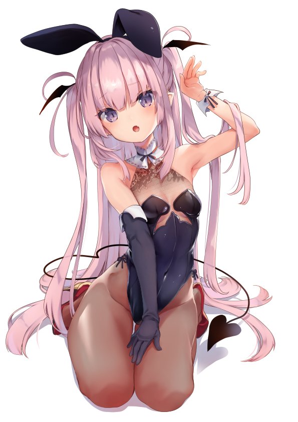 1girl :o animal_ears arm_up armpits bare_shoulders black_gloves black_leotard breasts brown_legwear bunnysuit commentary_request covered_navel demon_girl demon_tail elbow_gloves fake_animal_ears fang gloves hairband high_heels kedama_milk leotard long_hair looking_at_viewer open_mouth original pantyhose pink_hair pointy_ears rabbit_ears red_footwear sakyumama_(kedama_milk) seiza shadow sidelocks simple_background single_glove sitting small_breasts solo tail two_side_up very_long_hair violet_eyes white_background wrist_cuffs