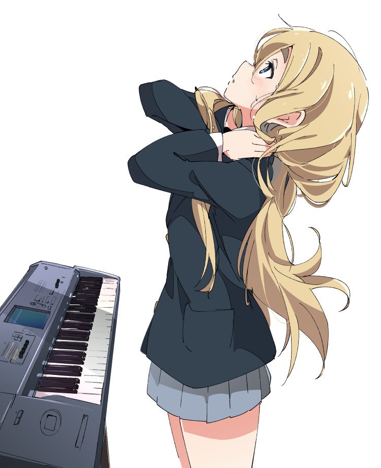 1girl black_jacket blazer blonde_hair grey_skirt instrument ixy jacket k-on! kotobuki_tsumugi long_hair long_sleeves looking_up piano pleated_skirt profile sakuragaoka_high_school_uniform school_uniform simple_background skirt solo standing white_background