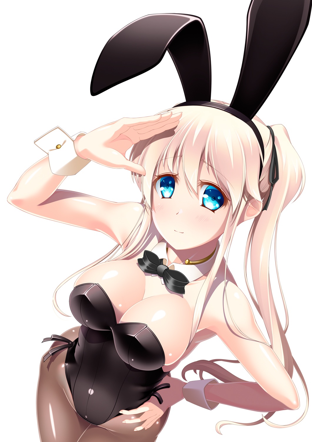 1girl animal_ears black_leotard black_neckwear blue_eyes bow bowtie breasts brown_legwear bunny_girl bunnysuit commentary_request cowboy_shot detached_collar from_above hand_on_hip highres large_breasts leotard long_hair looking_at_viewer mabinogi nao_(mabinogi) pantyhose rabbit_ears salute simple_background solo standing strapless strapless_leotard twintails umitsubame white_background wrist_cuffs