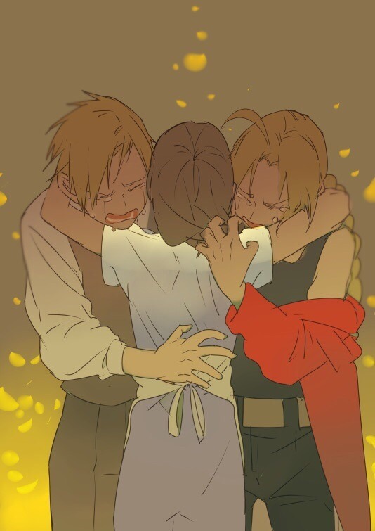 1girl 2boys alphonse_elric apron arms_around_neck belt black_pants blonde_hair braid brothers brown_background brown_hair coat crying dress edward_elric flower from_behind fullmetal_alchemist furrowed_eyebrows gradient gradient_background hands_on_another's_back hug kulerthanx mother_and_son multiple_boys open_mouth pants petals purple_dress red_coat sad siblings simple_background sobbing tears time_paradox trisha_elric yellow_background yellow_flower