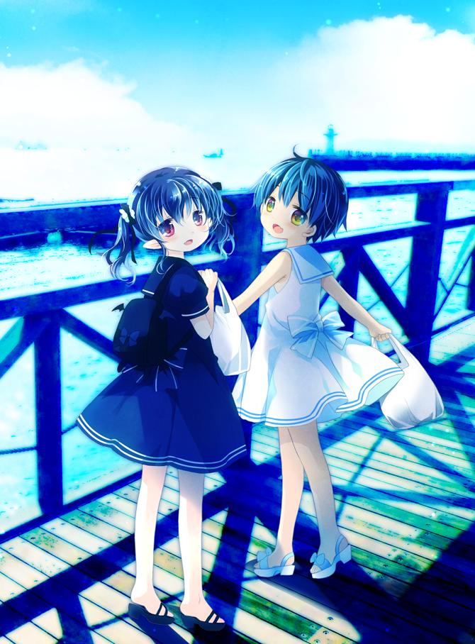 2girls :d back_bow backpack bag bangs bare_arms bare_shoulders black_footwear black_ribbon blue_bow blue_dress blue_hair blue_sailor_collar blue_sky blush bow brown_eyes clouds cloudy_sky commentary_request day dress eyebrows_visible_through_hair hair_between_eyes hair_ribbon hands_up holding holding_bag long_hair looking_at_viewer looking_back multiple_girls open_mouth original outdoors plastic_bag pointy_ears puffy_short_sleeves puffy_sleeves railing red_eyes ribbon sailor_collar sailor_dress sakurazawa_izumi sandals short_hair short_sleeves sky sleeveless sleeveless_dress smile standing striped striped_bow twintails white_dress white_footwear white_sailor_collar