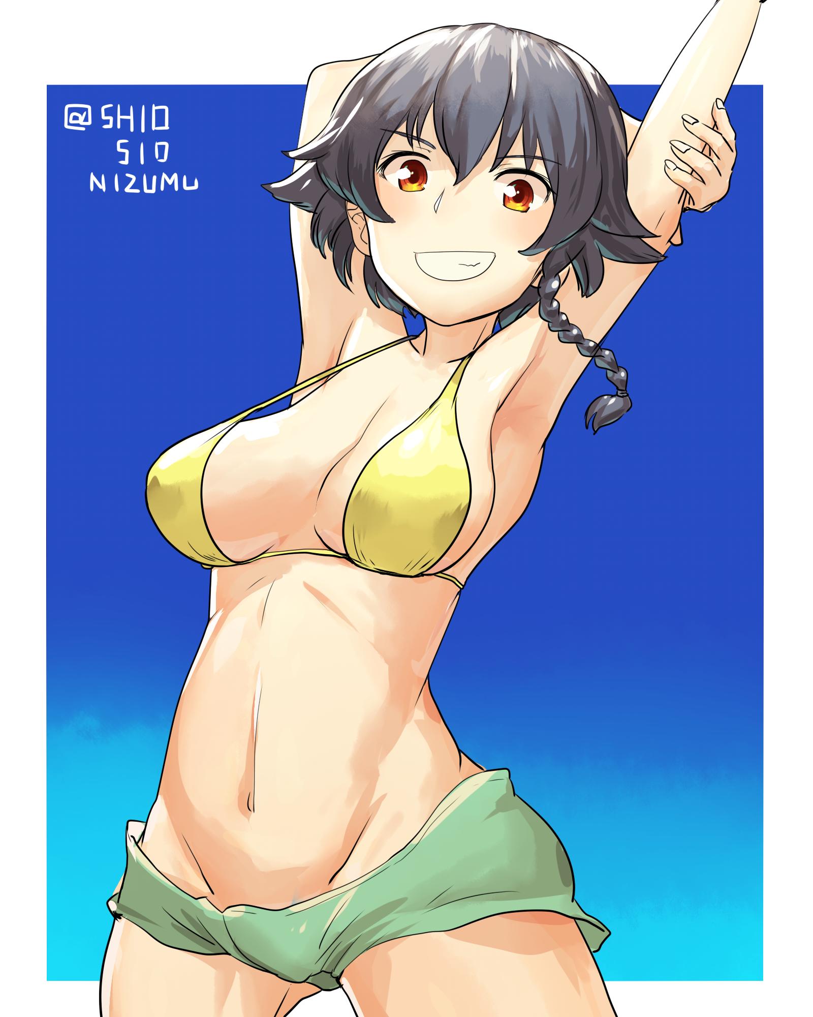 1girl armpits arms_behind_head arms_up bangs bikini bikini_shorts black_hair blue_sky braid breasts brown_eyes commentary cowboy_shot day eyebrows_visible_through_hair girls_und_panzer green_bikini_bottom grin groin highres looking_at_viewer medium_breasts mismatched_bikini navel outdoors outside_border pepperoni_(girls_und_panzer) shio_nizumu short_hair shorts side_braid sky smile solo standing stretch swimsuit twitter_username yellow_bikini_top