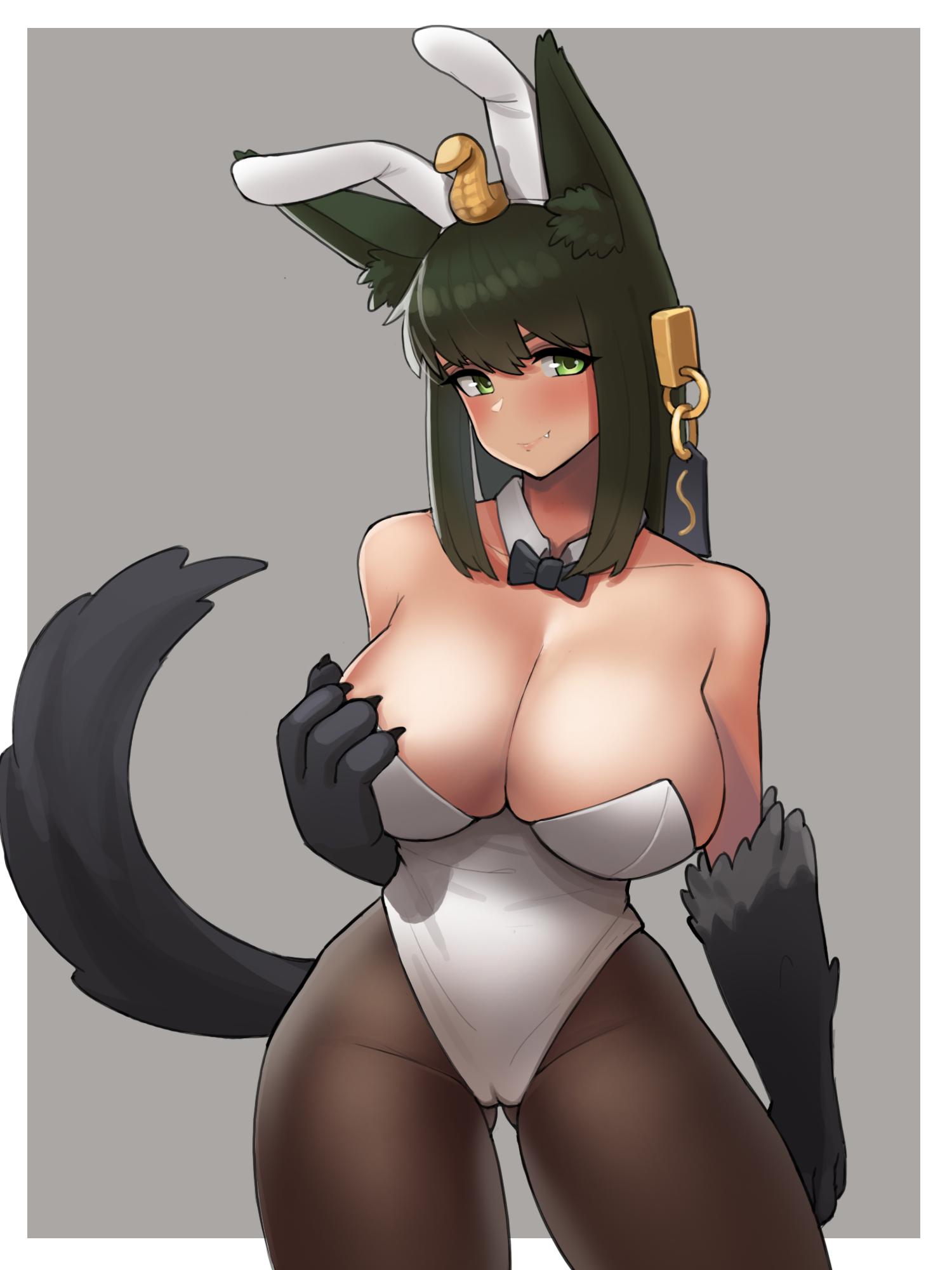 1girl animal_ear_fluff animal_ears anubis_(monster_girl_encyclopedia) ass_visible_through_thighs bangs bare_shoulders black_neckwear blush bow bowtie breasts brown_legwear bunnysuit contrapposto cowboy_shot dark_skin detached_collar donburikazoku fake_animal_ears fang fang_out green_eyes green_hair hair_ornament hand_on_own_chest highres huge_breasts leotard long_hair looking_at_viewer monster_girl monster_girl_encyclopedia pantyhose paws rabbit_ears smile snake_hair_ornament solo strapless strapless_leotard tail white_leotard wolf_ears wolf_girl wolf_tail