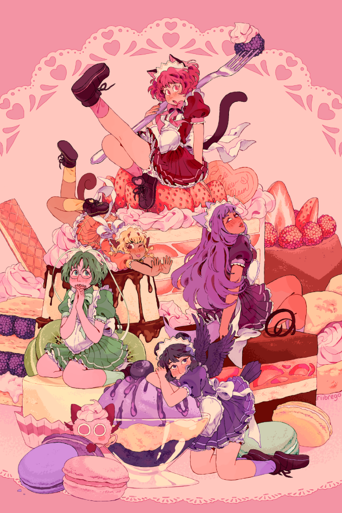 5girls ;p aizawa_mint animal_ears apron bird_tail black_hair black_wings blonde_hair blueberry blush bow braid brown_dress brown_eyes cake cat_ears cat_tail commentary crossed_legs dog_ears dog_tail doily double_bun dress english_commentary feathered_wings fong_pudding food fork frilled_apron frills fruit fujiwara_zakuro glasses green_bow green_dress green_eyes green_hair green_legwear hands_clasped headdress heart holding holding_fork ice_cream kneeling leg_up legs_up long_hair lying macaron midorikawa_lettuce momomiya_ichigo multiple_girls on_stomach one_eye_closed orange_dress oversized_food oversized_object own_hands_together pink_background pink_bow pink_eyes pink_hair pudding puffy_short_sleeves puffy_sleeves purple_dress purple_hair purple_legwear rii_abrego round_eyewear shoes short_hair short_sleeves sitting socks strawberry tail tokyo_mew_mew tongue tongue_out twin_braids violet_eyes waitress wariza white_apron wings yellow_legwear