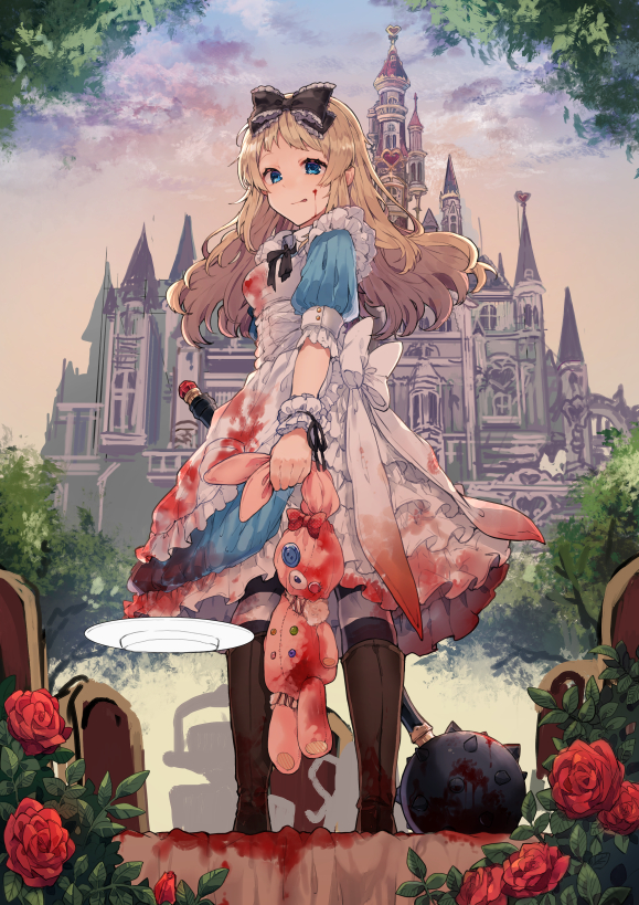 1girl alice_(wonderland) alice_in_wonderland apron black_bow blood blood_on_face blood_stain bloody_clothes blue_dress blue_eyes boots bow breasts brown_footwear brown_hair castle clouds cloudy_sky doll dress flower hair_bow holding holding_doll ikeuchi_tanuma long_hair looking_at_viewer mace medium_breasts original outdoors plate puffy_short_sleeves puffy_sleeves red_flower rose short_sleeves sidelocks sky solo standing striped striped_legwear stuffed_animal stuffed_bunny stuffed_toy table tongue tongue_out weapon white_apron wrist_cuffs